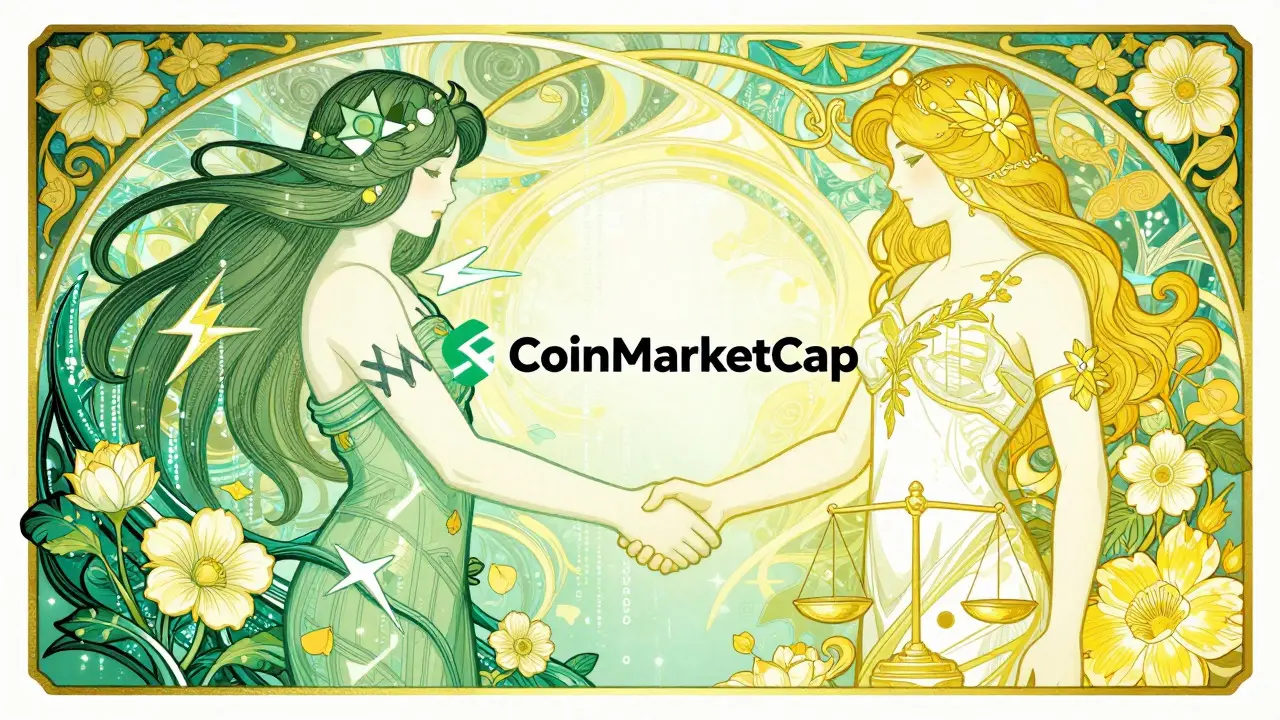 Manos estilizadas representando la colaboración entre Solana y CoinMarketCap