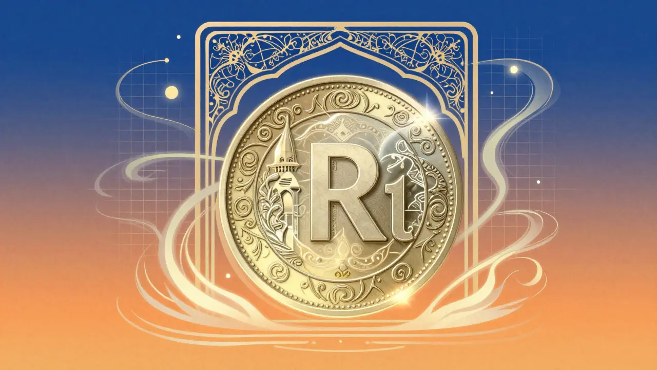 Moneda digital Rial fusionada con arquitectura persa en estilo Art Nouveau