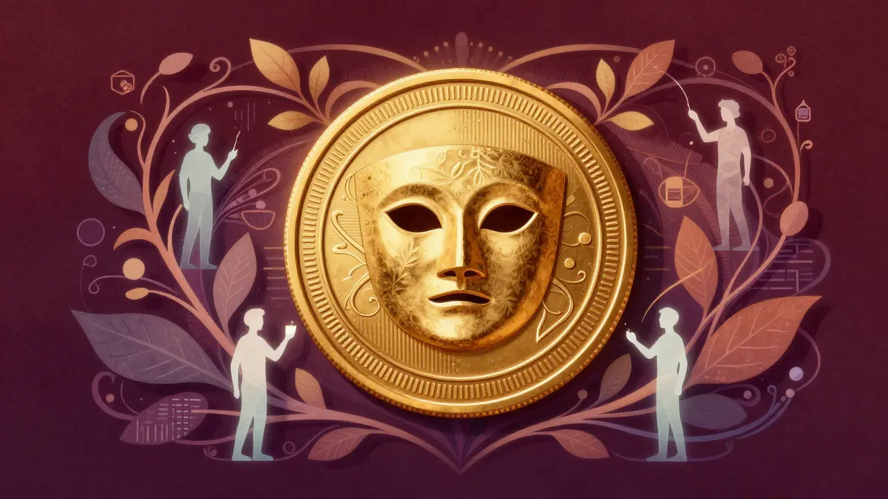 Moneda dorada de MASK rodeada de patrones ornamentales y figuras comunitarias