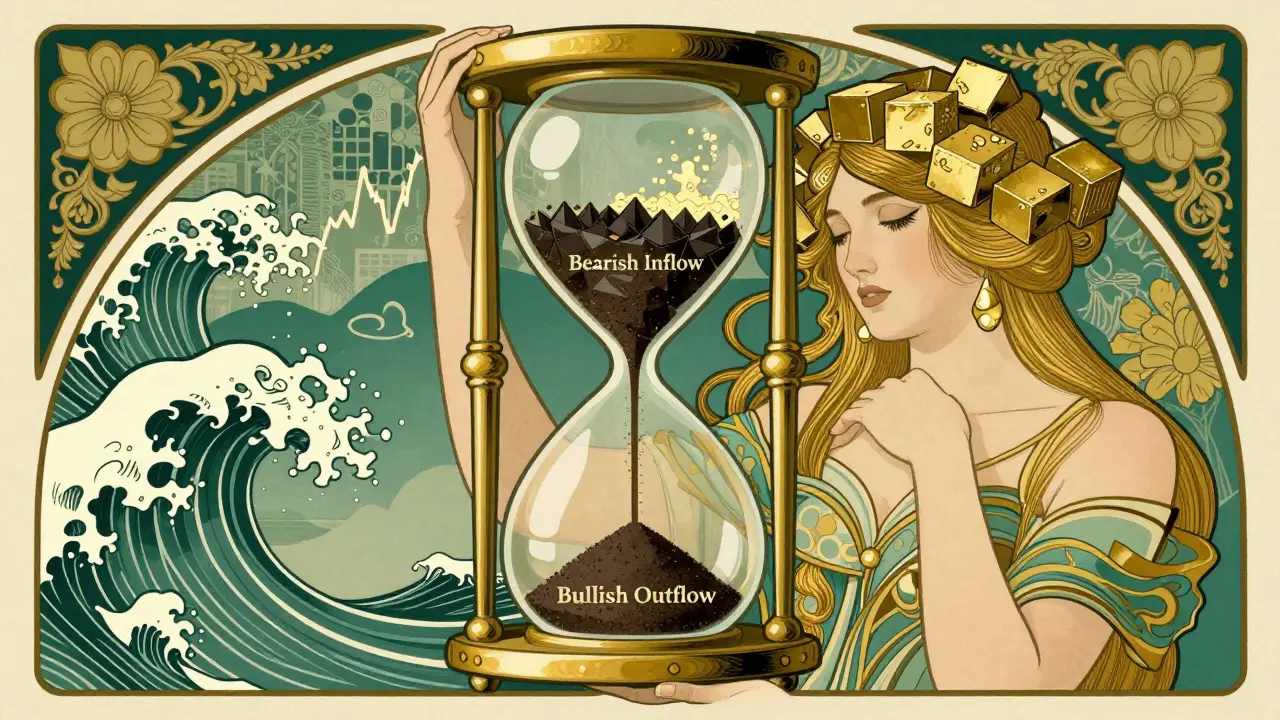 Mujer con reloj de arena representando señales alcistas y bajistas en estilo Art Nouveau