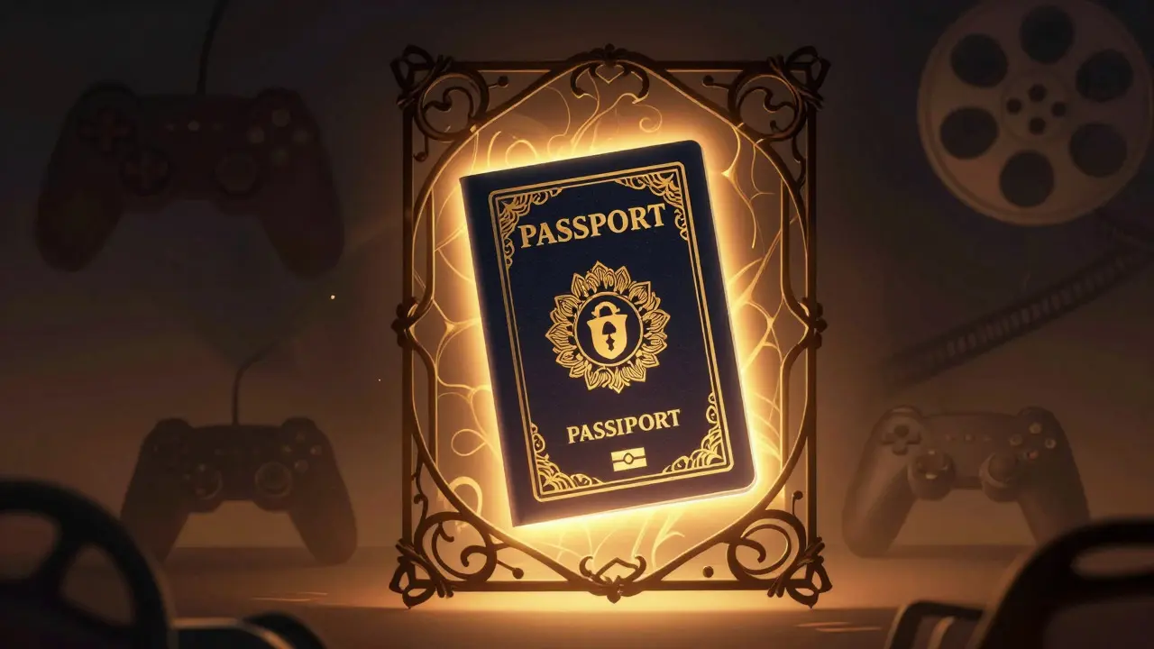 Pasaporte NFT brillante y ornamental flotando, simbolizando propiedad digital segura