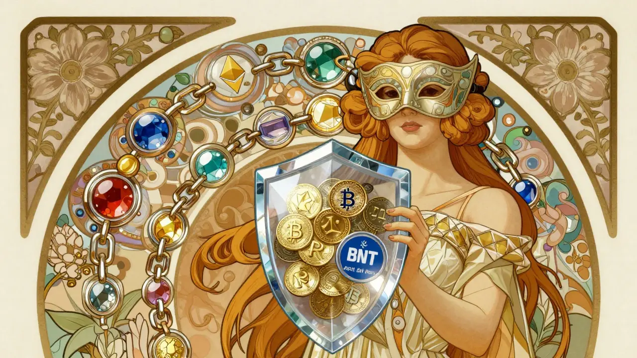 Personaje elegante con máscara protegiendo activos digitales en cadenas múltiples