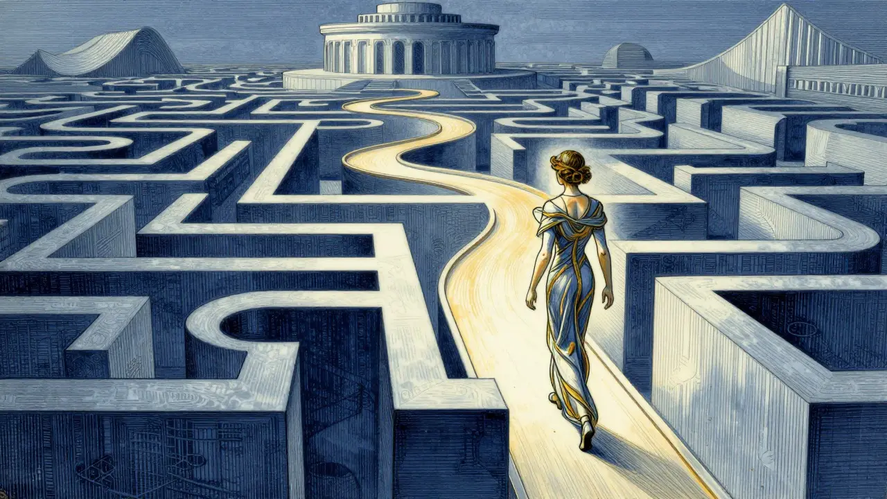 Personaje elegante navegando por un laberinto geométrico y orgánico en estilo publicitario Art Nouveau