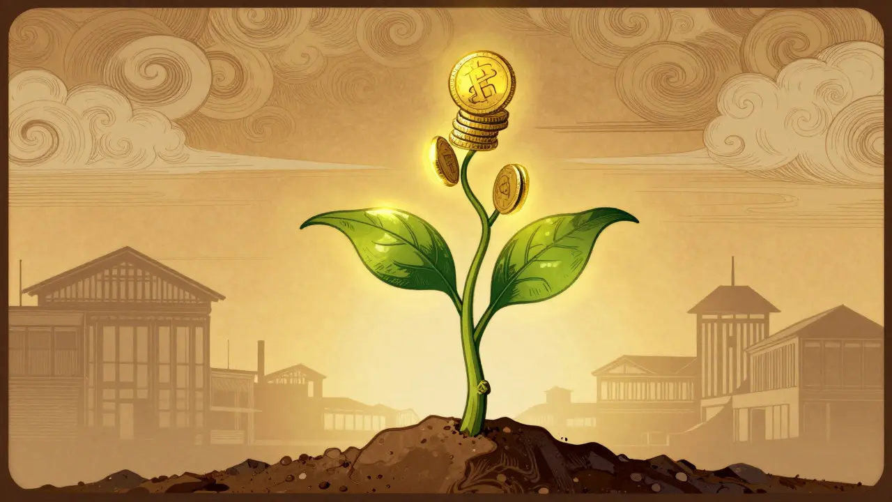 Planta estilizada brotando de una piedra con monedas como hojas en estilo Art Nouveau