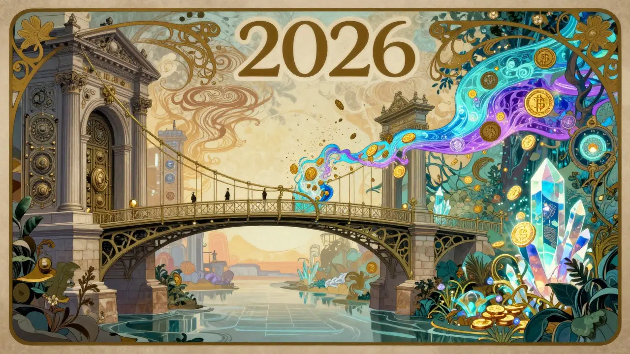 Puente estilizado conectando arquitectura clásica con jardines digitales futuristas en ilustración Art Nouveau