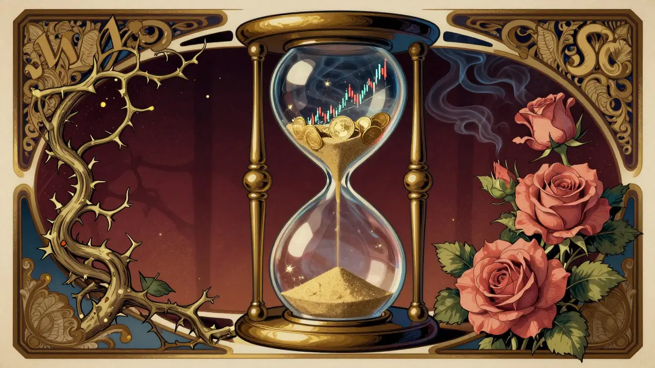 Reloj de arena artístico con monedas y gráficos de riesgo financiero