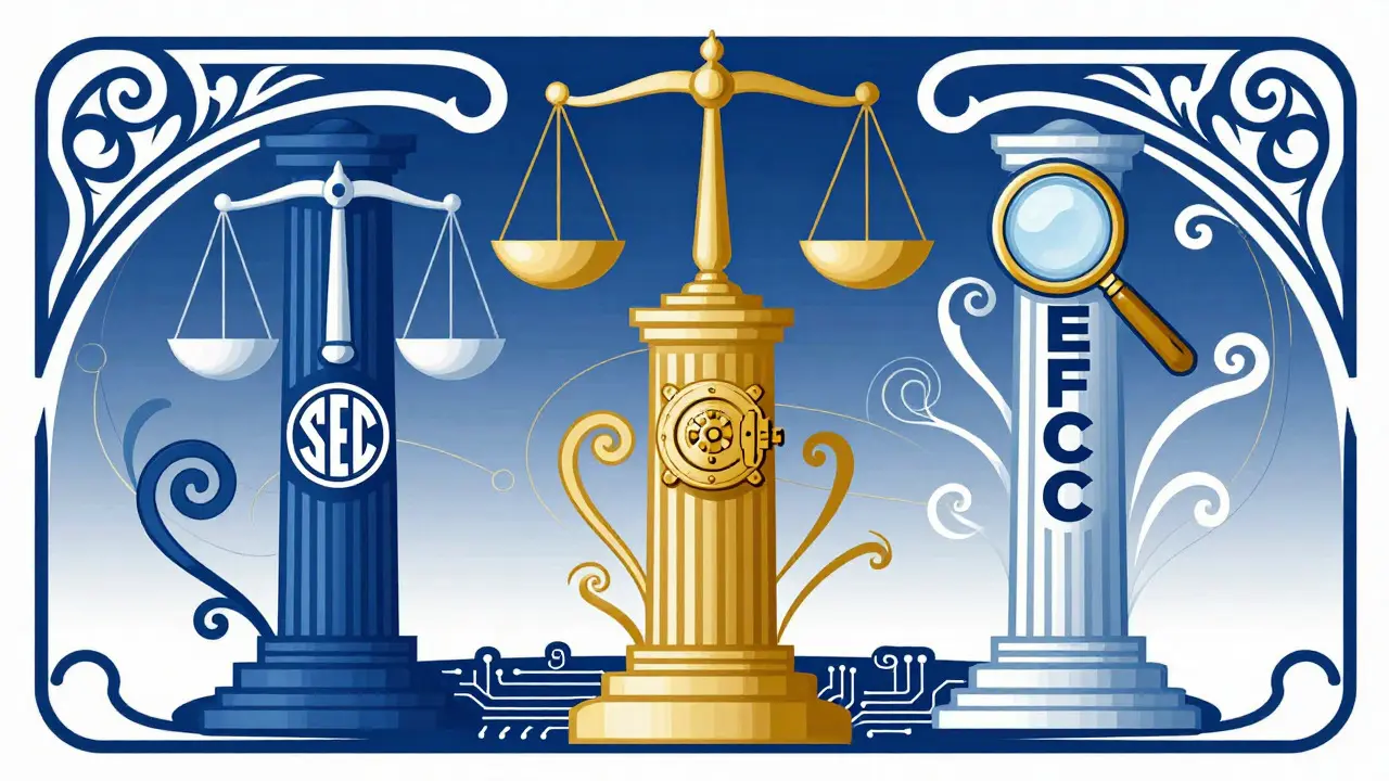 Tres pilares regulatorios (SEC, CBN, EFCC) equilibrados con motivos florales art nouveau