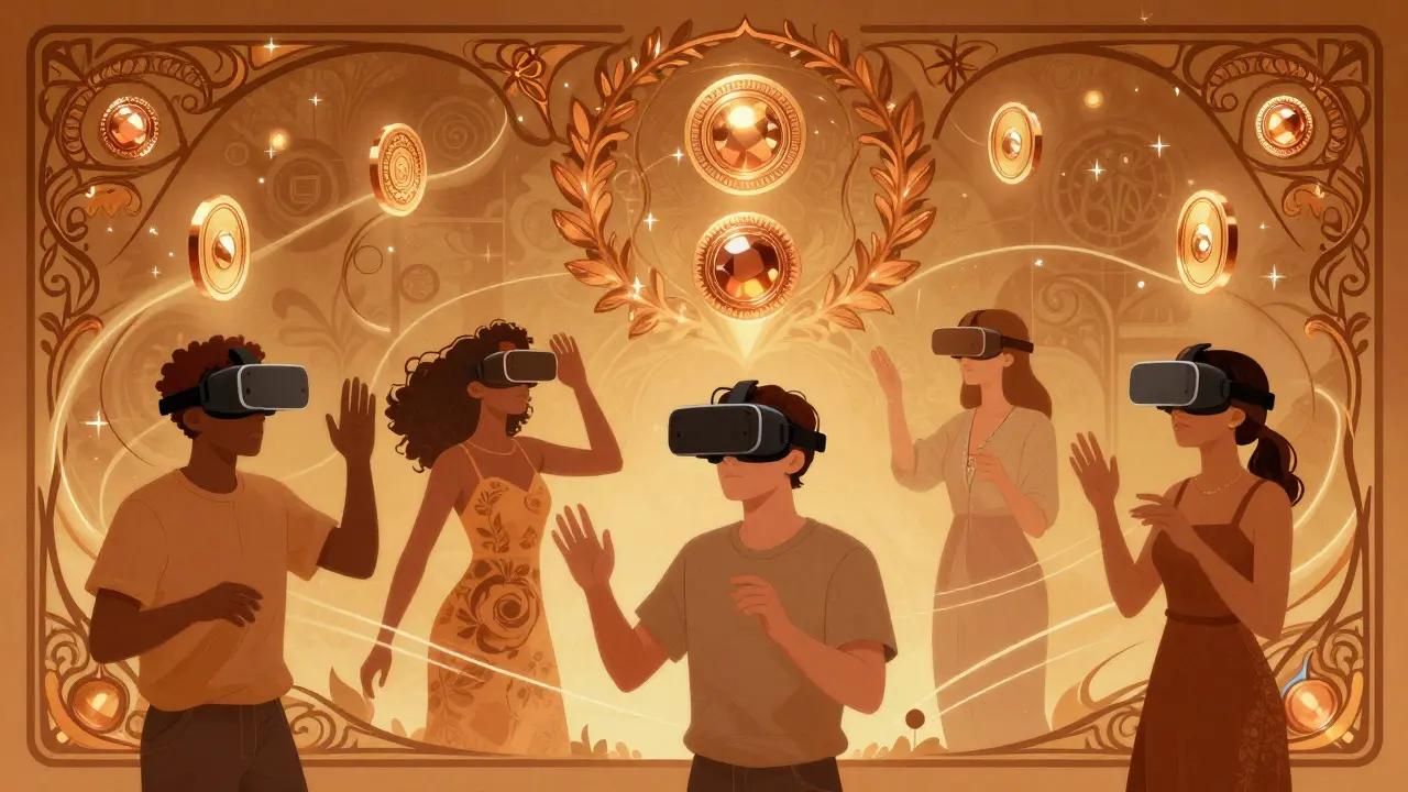 Usuarios interactuando con entornos virtuales y tokens decorativos en estilo ilustrativo