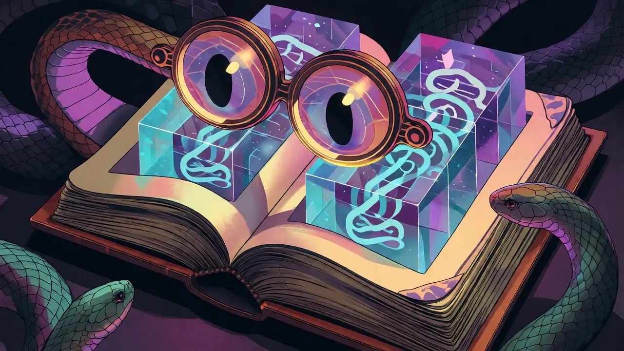 Arte estilo Art Nouveau mostrando un libro mayor digital transparente vigilado por lentes de aumento y serpientes.