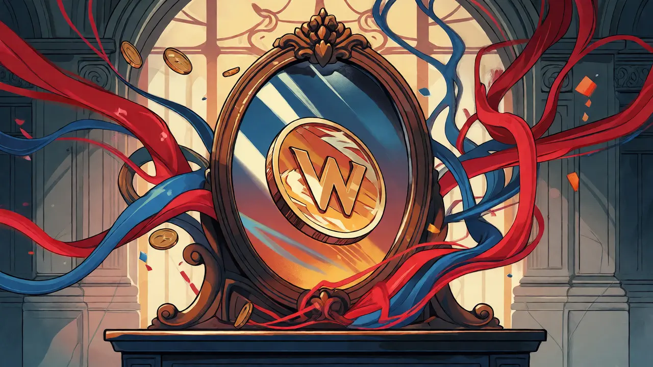 Arte estilo Art Nouveau mostrando volatilidad del mercado con un espejo distorsionado y monedas flotantes.