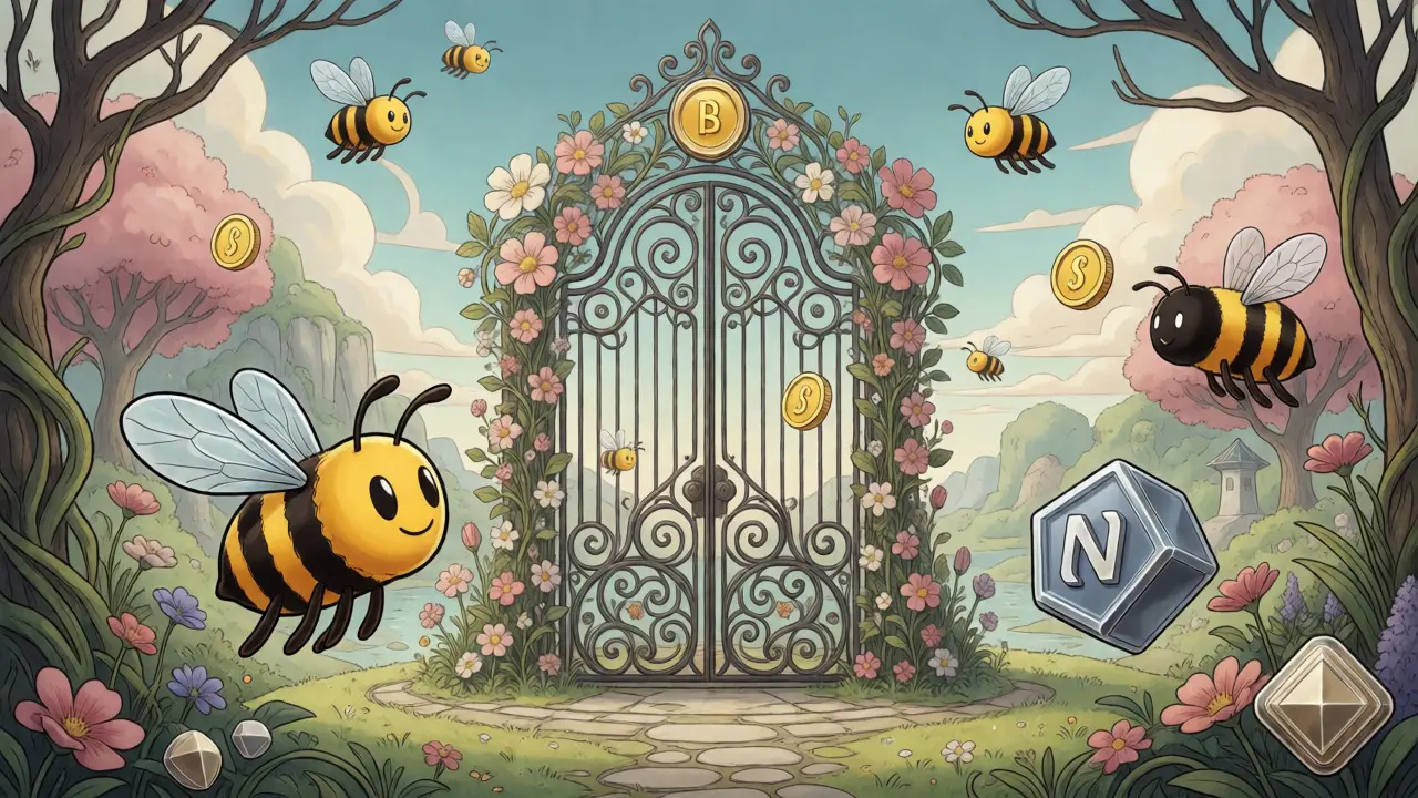 Arte ilustrativo estilo Art Nouveau mostrando un ecosistema DeFi gamificado con abejas y NFTs.