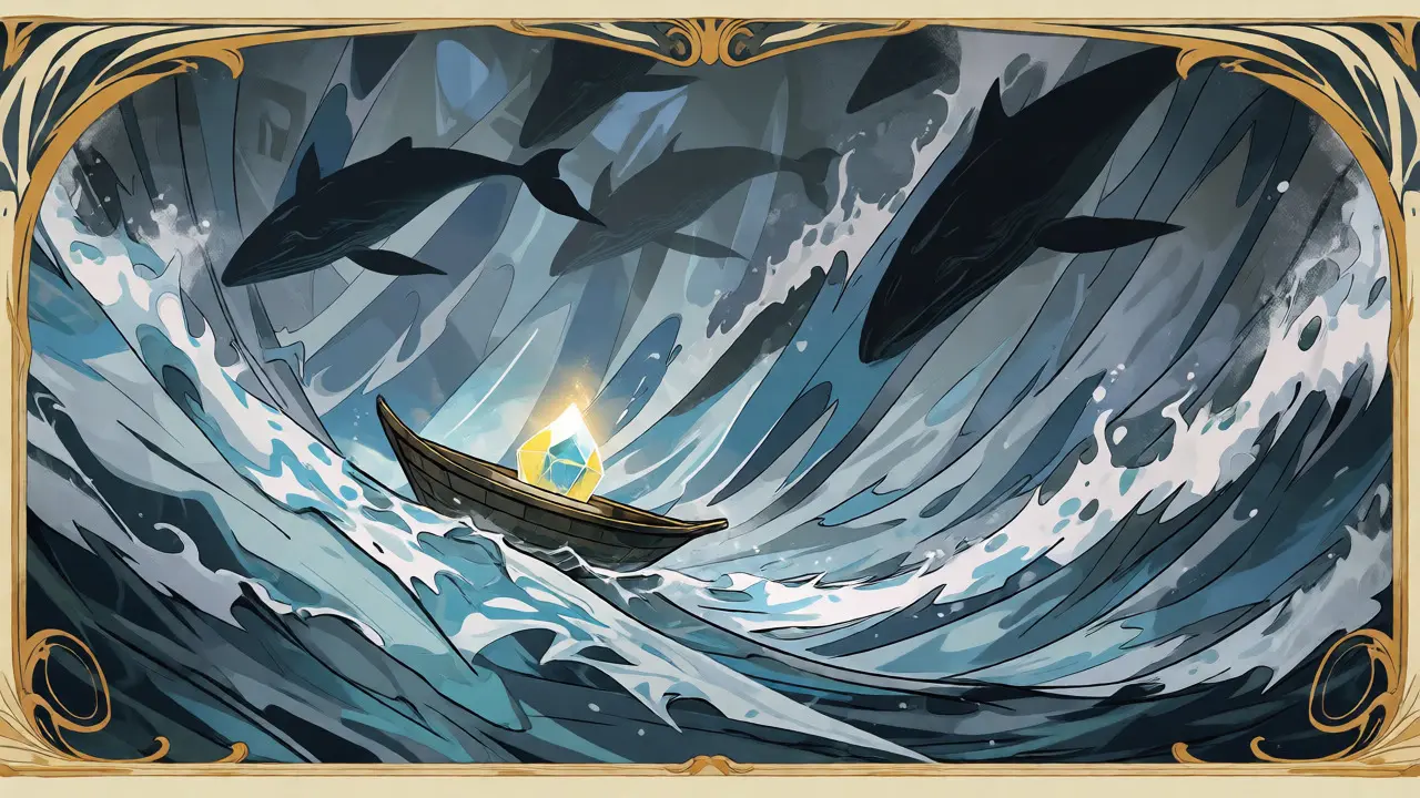 Barco frágil en un mar turbulento con siluetas de ballenas lejanas, estilo cartel vintage.