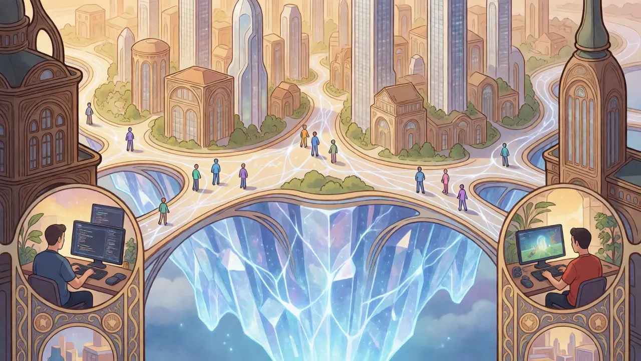 Ciudad virtual metaverso sobre base cristalina estilo Art Nouveau