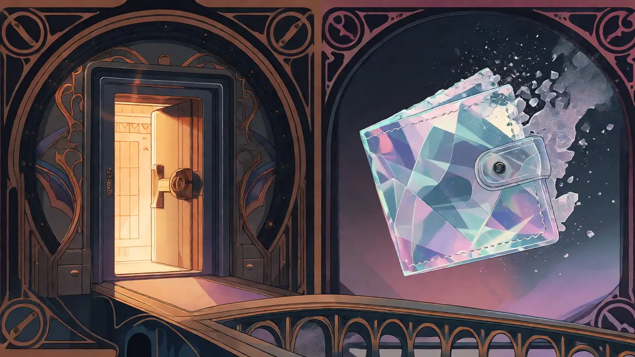 Contraste ilustrado entre una bóveda segura y una estructura de cristal disolviéndose en polvo.