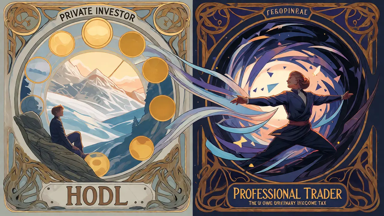 Contraste visual entre inversión pasiva tranquila y trading activo dinámico en ilustración Art Nouveau.