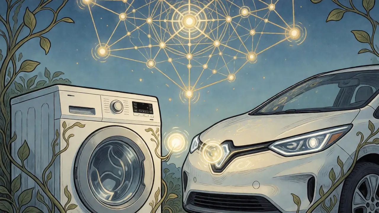 Electrodomésticos y coche eléctrico intercambiando esferas de luz bajo una red neuronal estilizada.