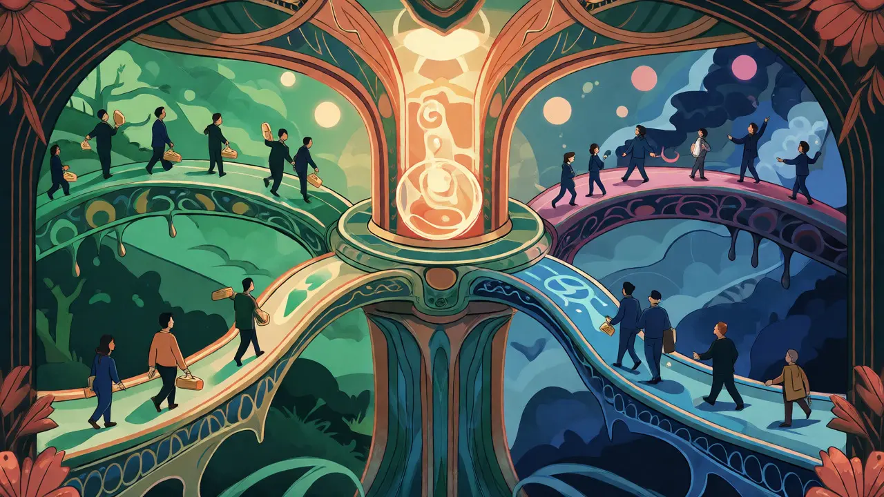 Escena alegórica de puentes ornamentales conectando cadenas blockchain con inversores.