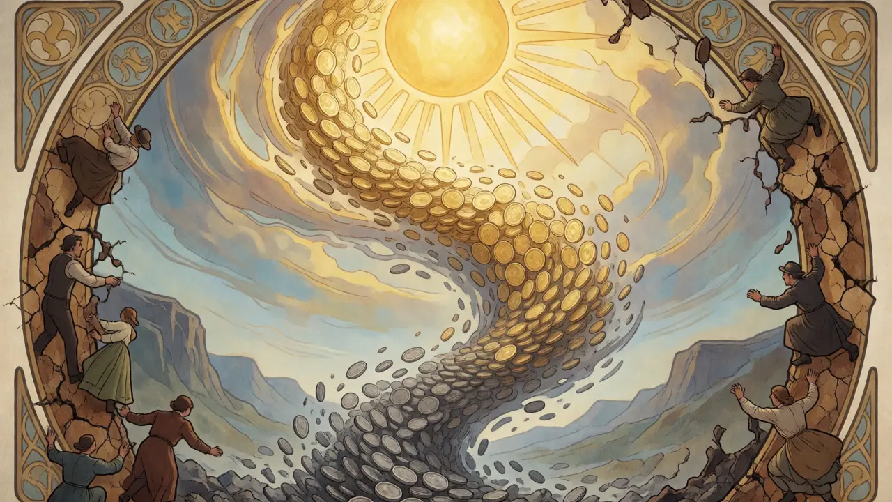 Escena Art Nouveau con monedas cayendo en un vórtice desde una cima brillante hacia una base gris y quebradiza.