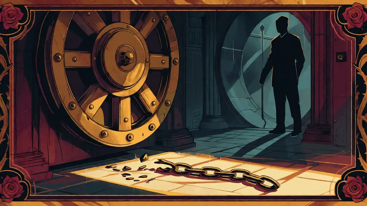 Escena Art Nouveau de una caja fuerte con una cadena rota en el suelo simbolizando riesgo.