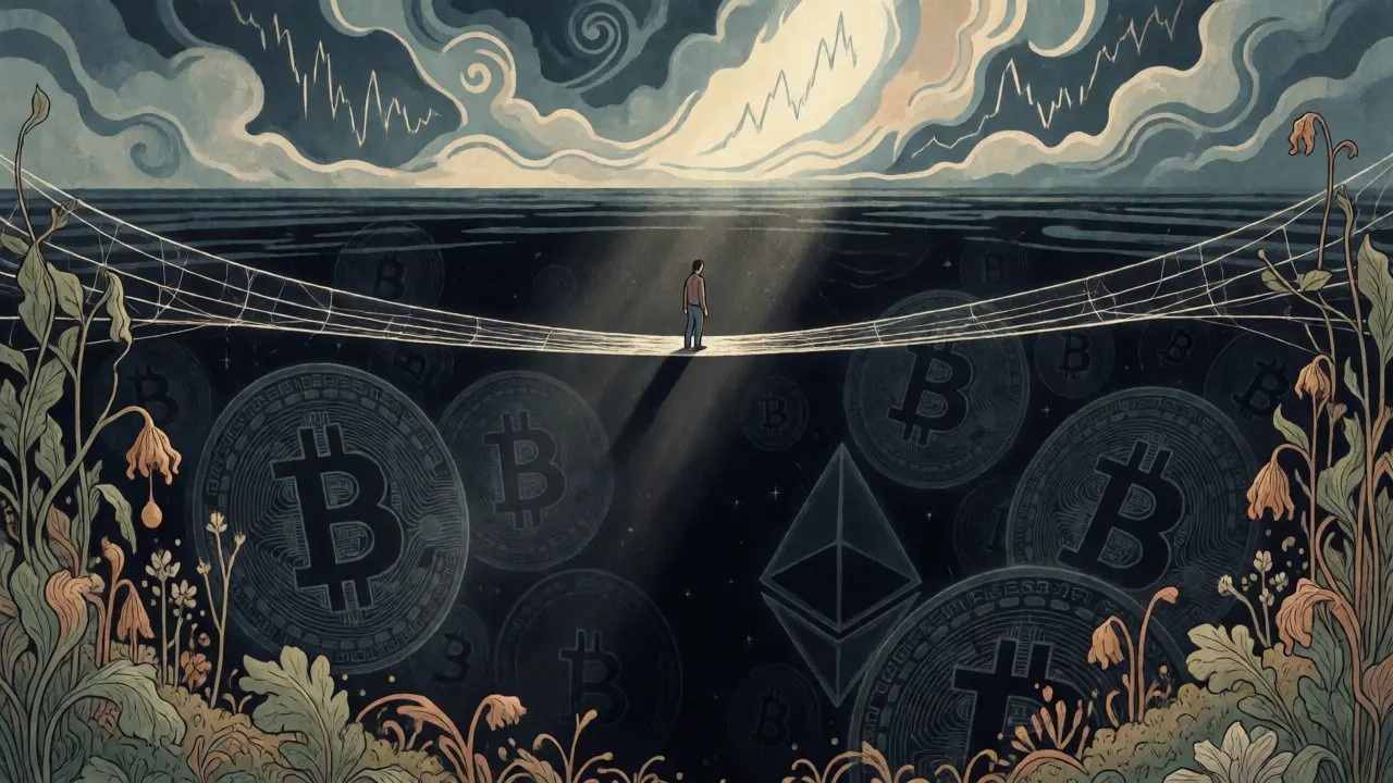 Escena Art Nouveau que representa el riesgo de liquidez baja y la soledad del inversor en cripto.