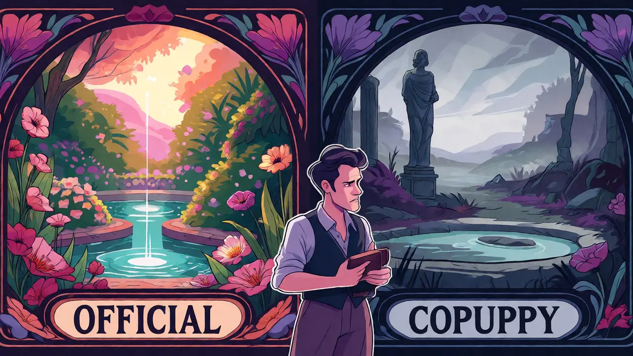 Escena dividida Art Nouveau entre un jardín vibrante y un paisaje marchito grisáceo.