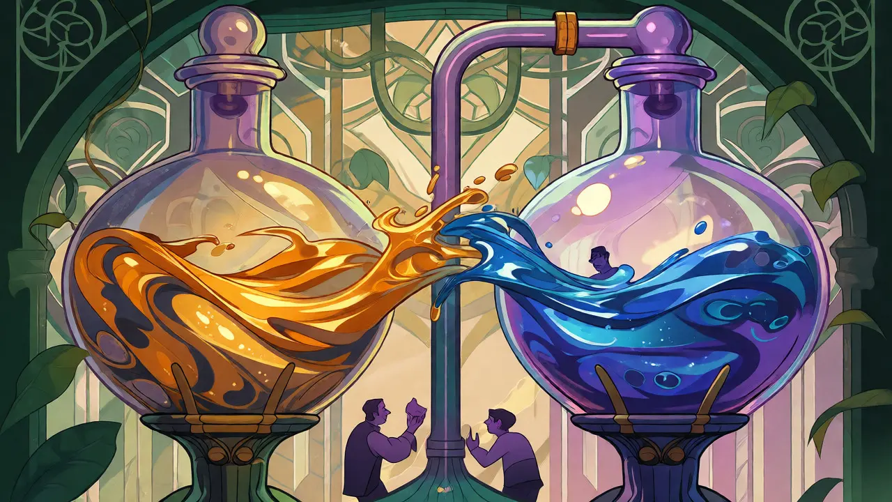 Escena ilustrada de los pools de liquidez de Uniswap v2 en Arbitrum con estilo decorativo.