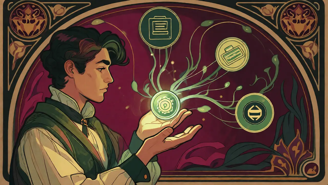 Escena ilustrada estilo Art Nouveau mostrando la utilidad del token BIX y sus beneficios.