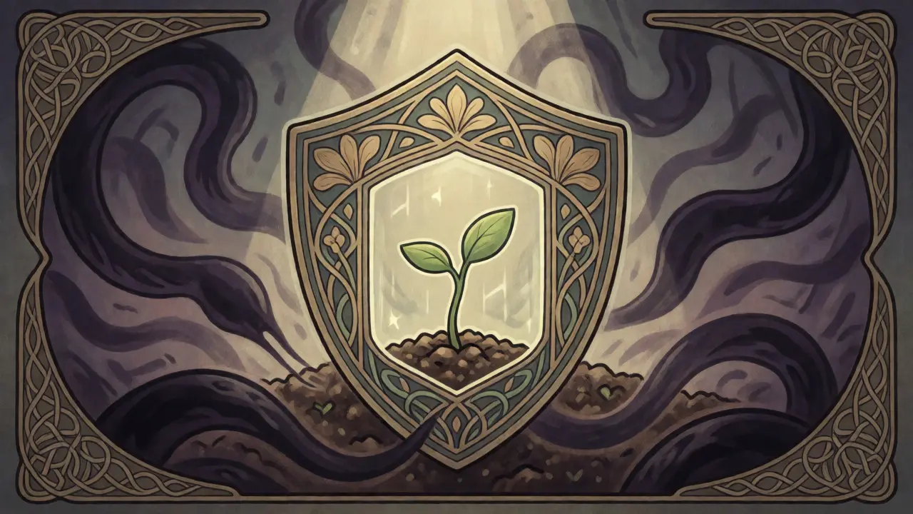 Escudo decorativo protegiendo una planta joven de sombras serpentinas que representan riesgos cripto.