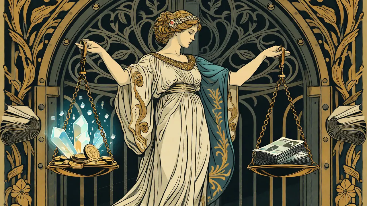 Figura alegórica sosteniendo una balanza entre activos digitales y francos suizos en estilo Art Nouveau.