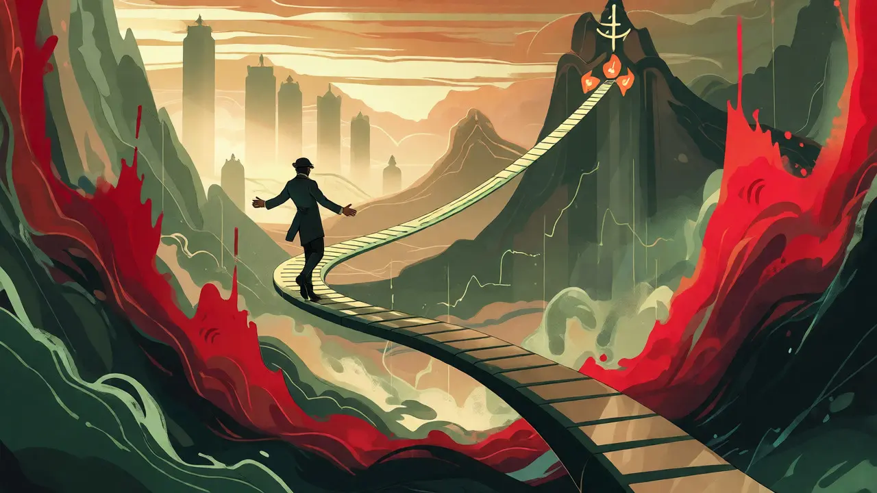 Figura equilibrada en un camino volátil entre picos y valles de energía roja y verde.