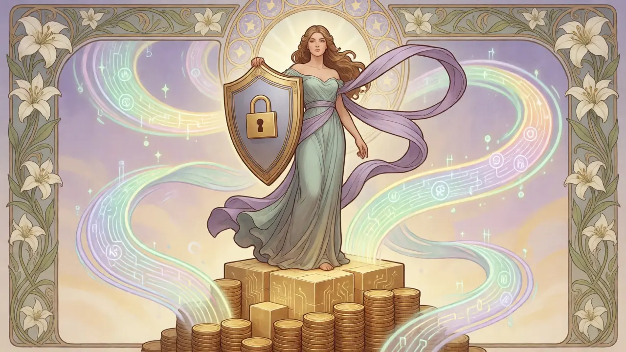 Figura femenina de gobernanza financiera con escudo y monedas en estilo Art Nouveau.