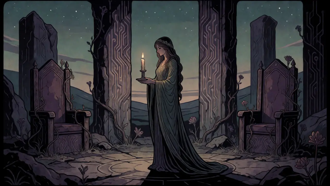 Figura femenina solitaria entre ruinas de un templo digital bajo un cielo crepuscular en estilo Art Nouveau.