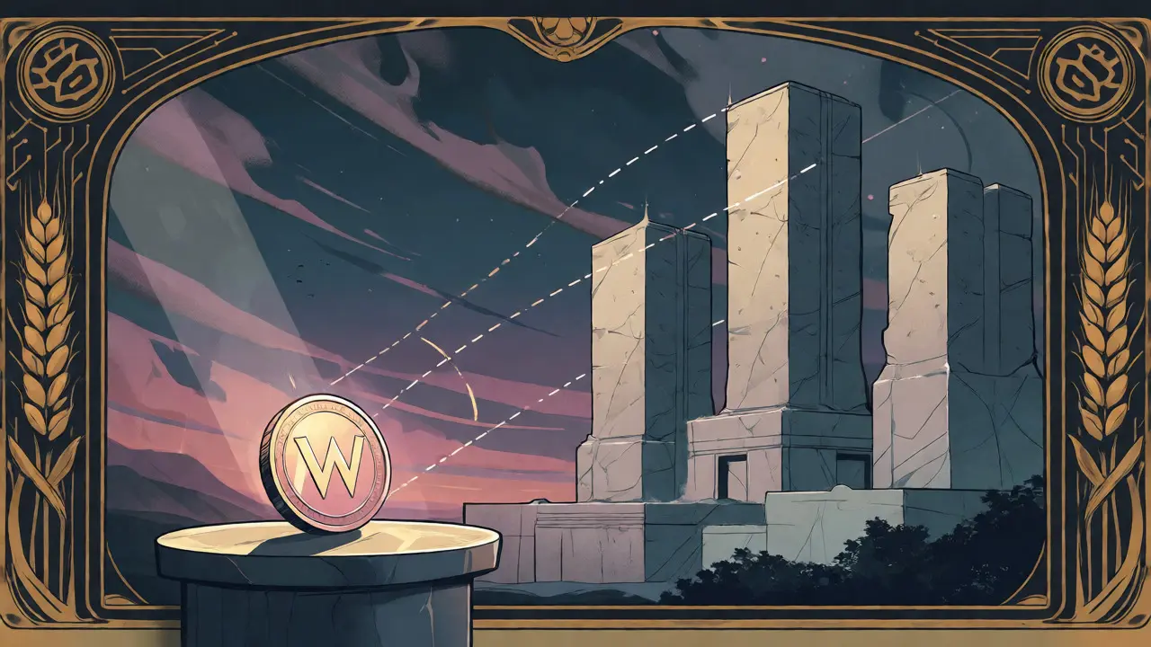 Ilustración Art Nouveau comparando la pequeña moneda W con monumentos gigantes de competidores establecidos.