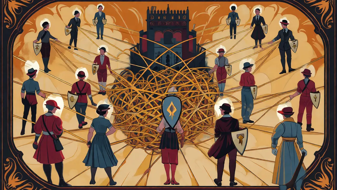 Ilustración Art Nouveau de hilos dorados enredados conectando avatares anónimos con una fortaleza oscura.