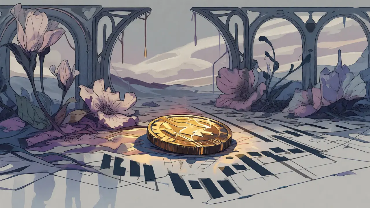 Ilustración Art Nouveau de una moneda BIX solitaria en un entorno gris y estancado.