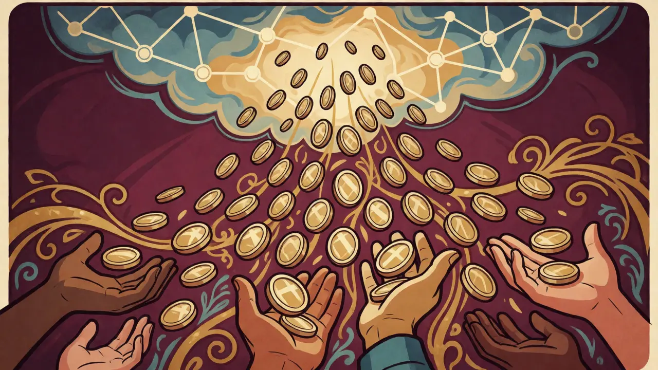 Lluvia de monedas digitales cayendo sobre manos extendidas en estilo ilustrativo art nouveau.