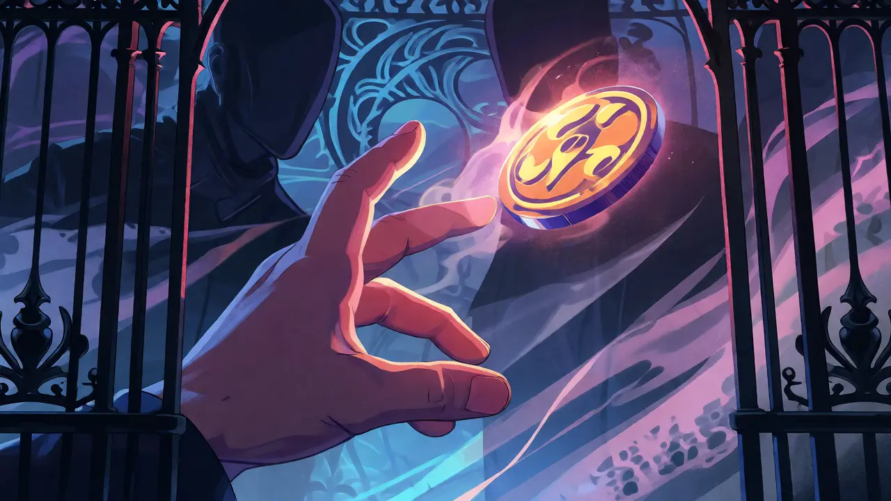 Mano alcanzando una ficha brillante en estilo Art Nouveau con sombras amenazantes detrás.