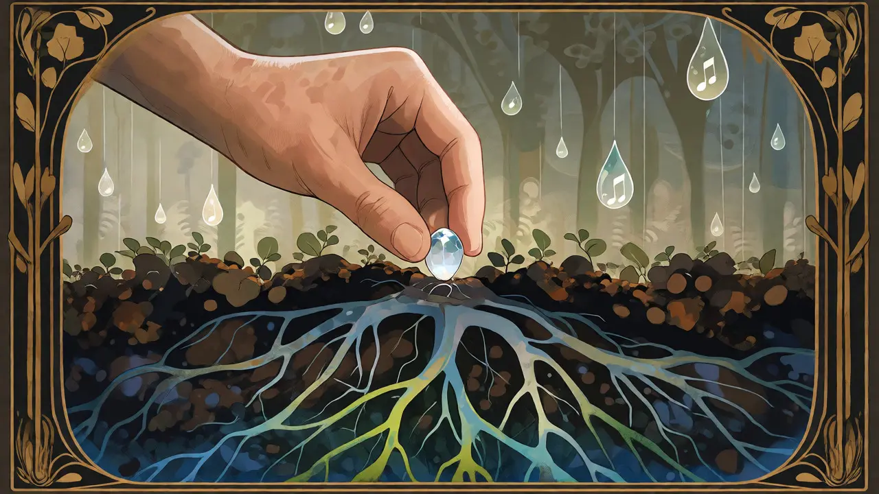 Mano plantando una semilla brillante en suelo estilizado con raíces digitales