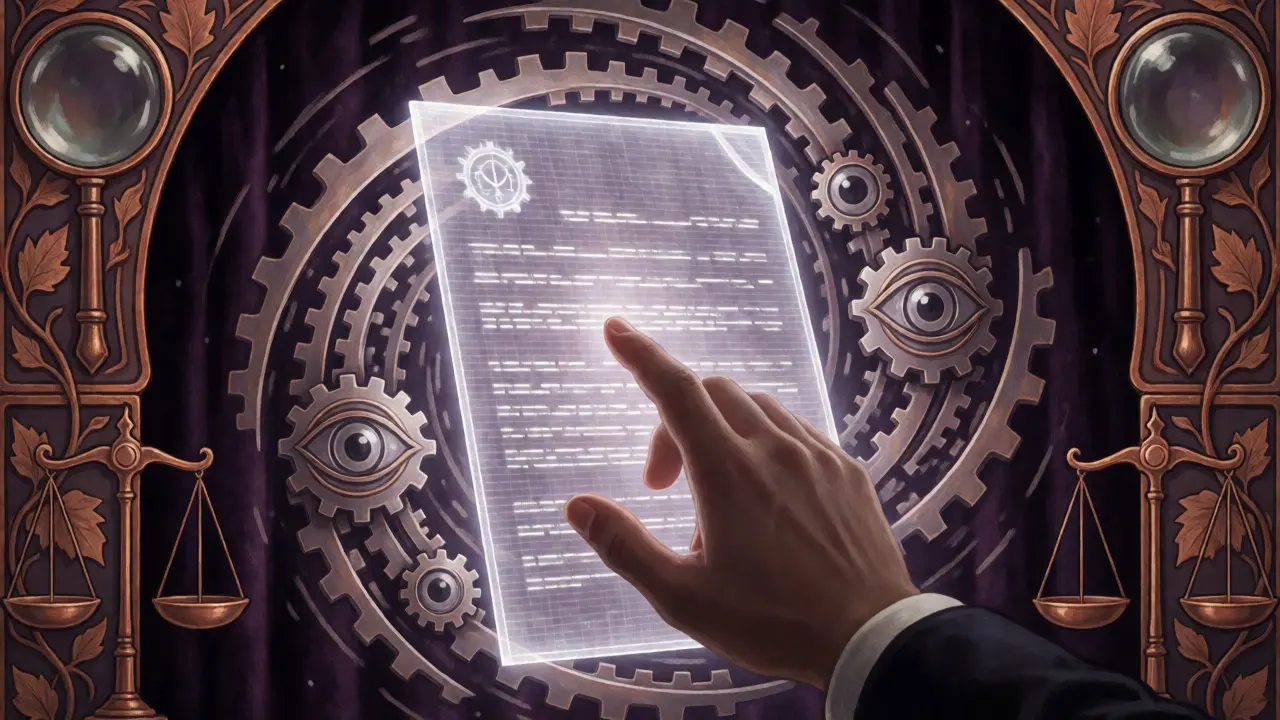 Mano tocando un documento holográfico rodeado de engranajes y ojos simbólicos en estilo Art Nouveau oscuro.