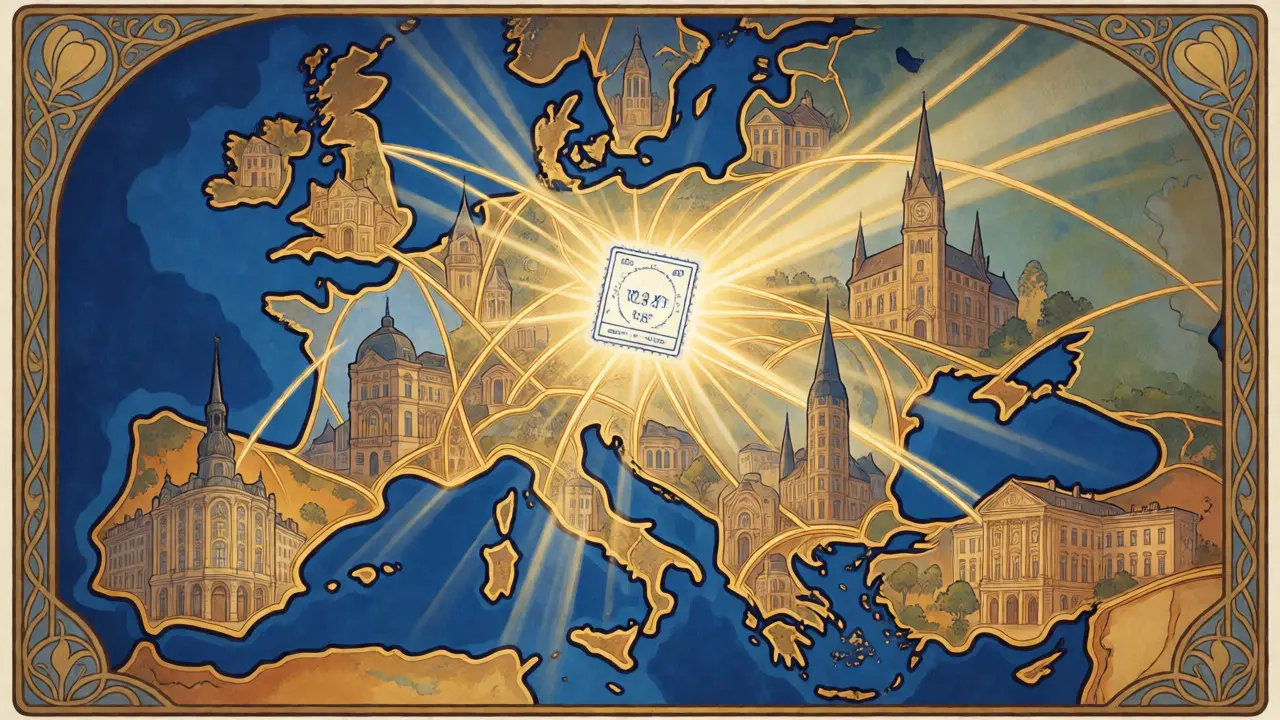 Mapa estilizado de Europa conectado por hilos dorados y un sello de pasaporte brillante.