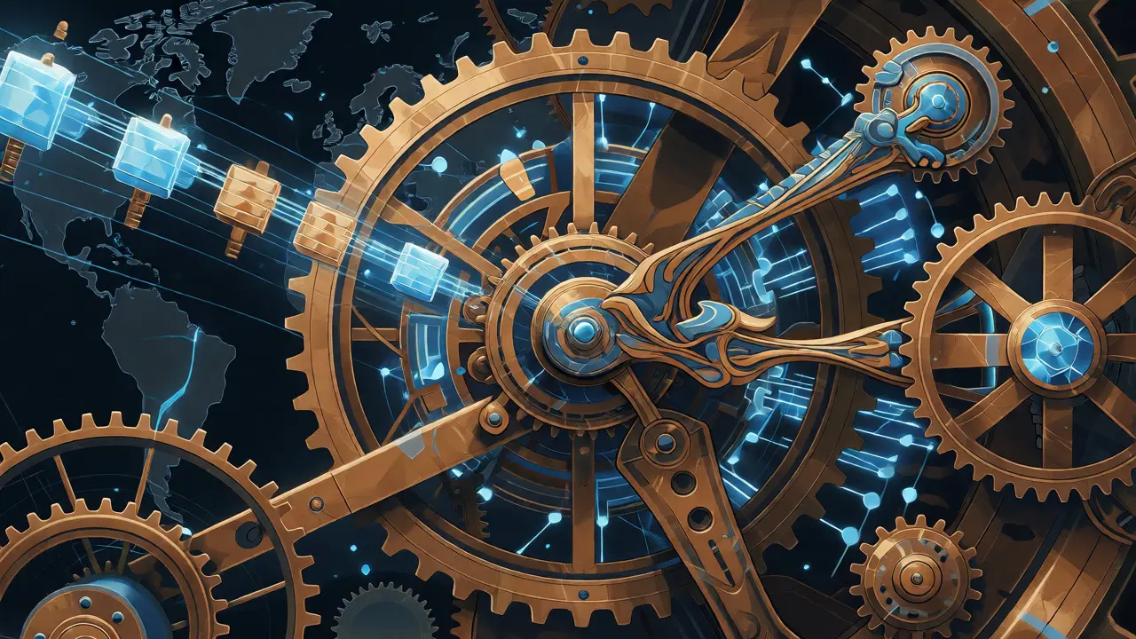 Mecanismo complejo estilo Art Nouveau con engranajes y bloques de cadena procesando transacciones de criptomonedas para informes fiscales.