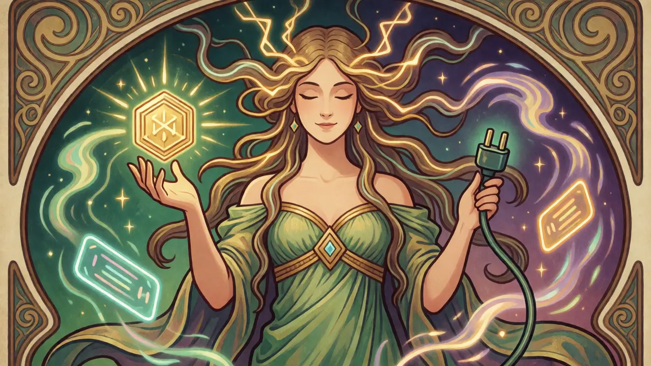 Mujer estilo Art Nouveau sosteniendo un token de blockchain y un enchufe, rodeada de curvas decorativas.