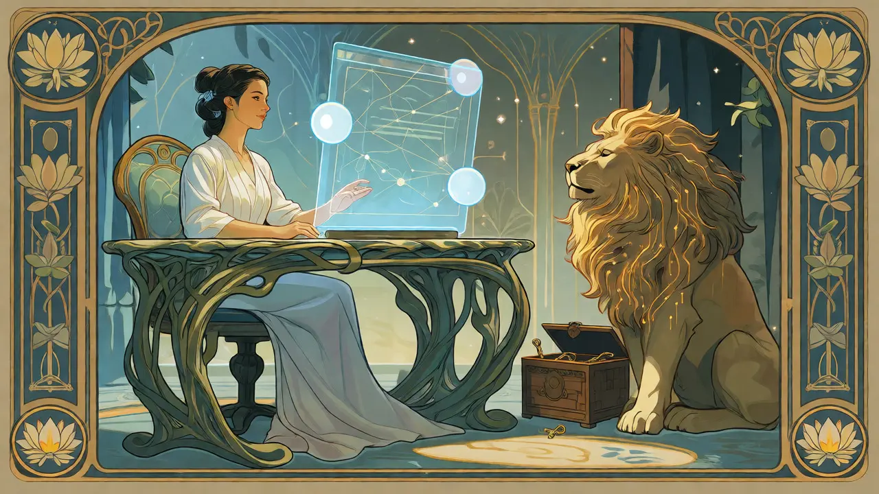 Mujer interactuando con una interfaz DeFi holográfica mientras un león guardián protege sus claves privadas en estilo Art Nouveau.