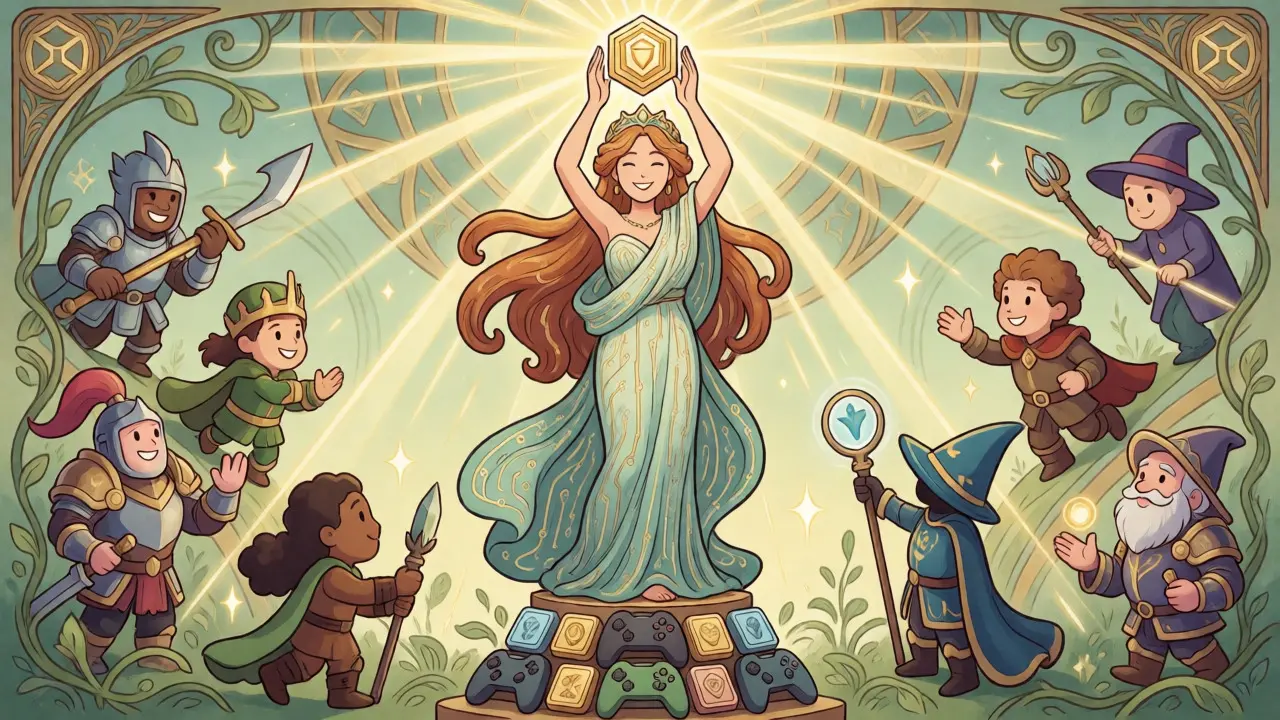 Musa sosteniendo token TEVA rodeada de personajes de juegos
