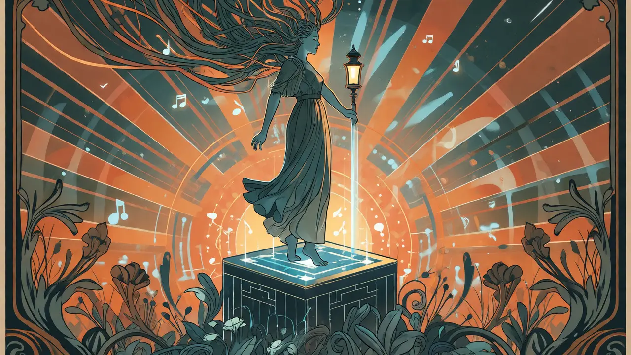 Musas futuristas sobre bloques de blockchain irradiando luz y notas musicales en un diseño decorativo Art Nouveau.