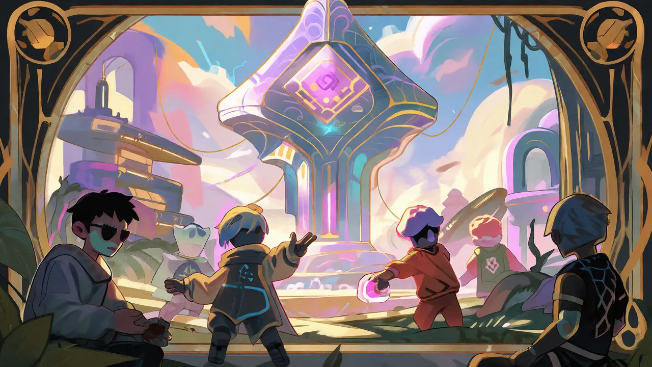 Paisaje futurista del metaverso con personajes NFT y una estructura de nodo blockchain pulsante.