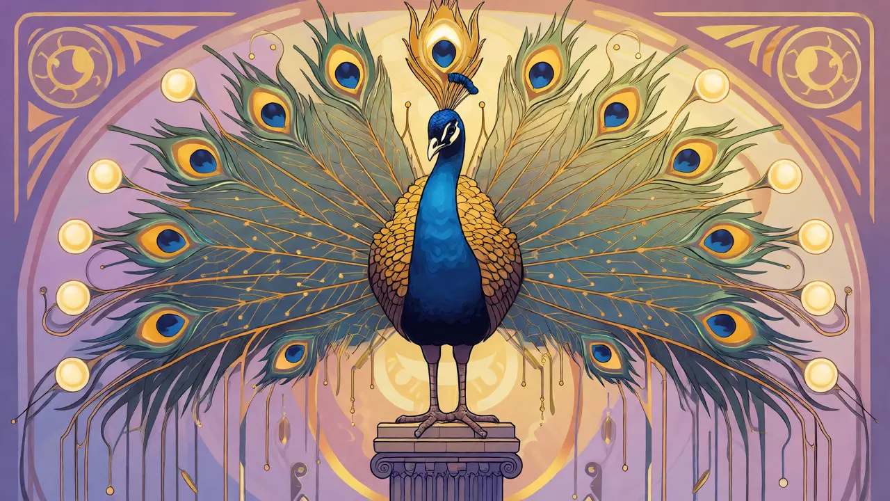 Pavo real con plumas digitales y orbes brillantes sobre un pedestal estilo Art Nouveau.