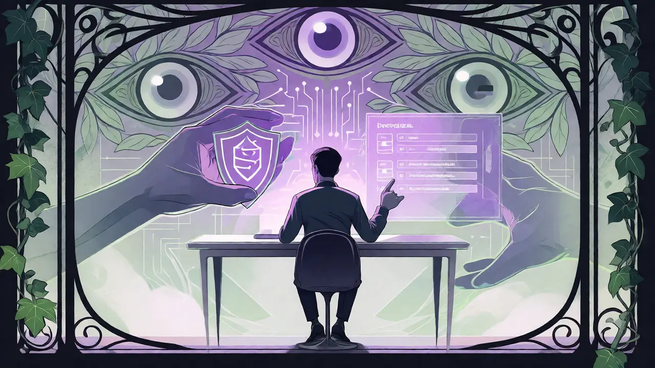 Persona gestionando etiquetas de wallets bajo la vigilancia algorítmica, ilustrada en estilo Art Nouveau con ojos decorativos flotantes.