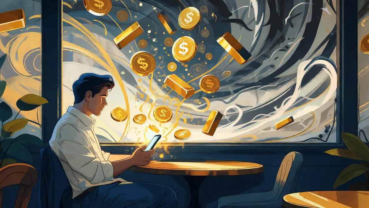 Persona protegida por un escudo de monedas digitales doradas mientras el caos económico rodea.