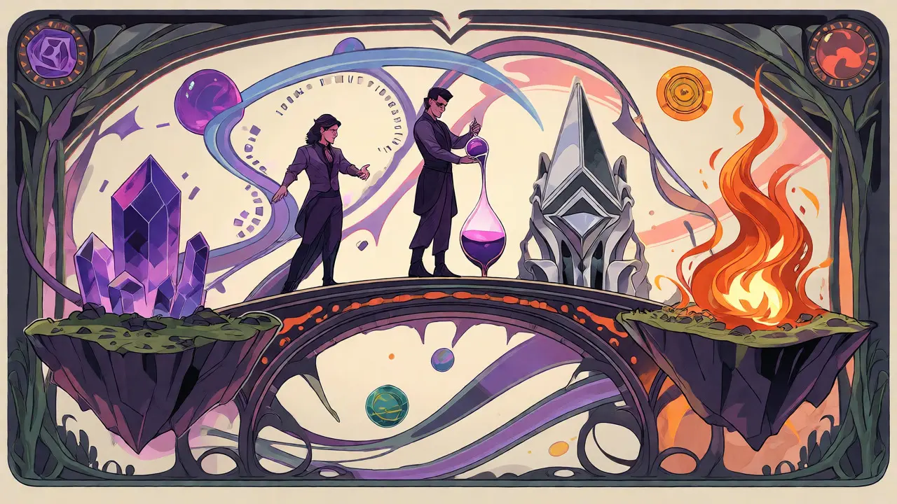 Póster estilo Art Nouveau mostrando el intercambio fluido de activos entre múltiples cadenas de bloques en un puente decorativo.